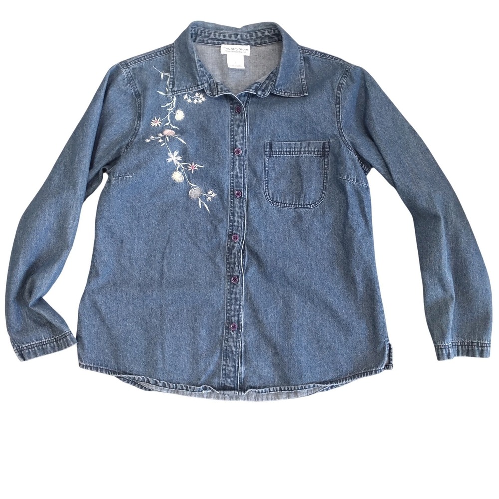 Country Store Denim Shirt Blue Floral Embroidered Button Down Cotton-M